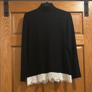 Investments Black Turtleneck Tunic with   Ivory Lace Hem Size Large NWT